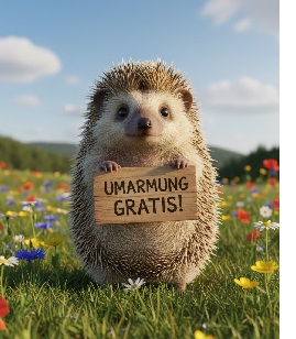 Igel mit Schild: Umarmung gratis!